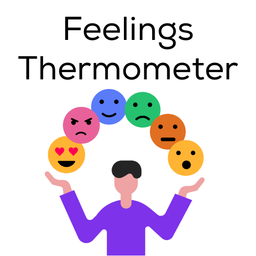 Image of a thermometer with an emotion range and text saying Feelings Thermometer