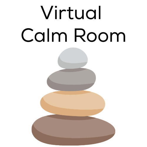 Image that has four flat stones stacked on top of each other (biggest to smallest) and the text Virtual Calm Room